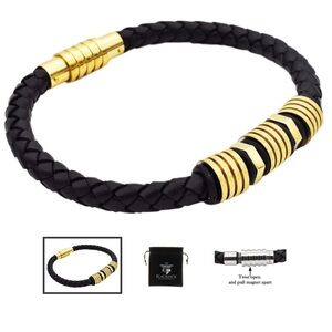 Mens Black Leather
Sandblasted Gold
Stainless Steel Bracelet
